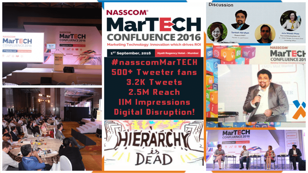Photographs from NASSCOM MarTECH Confluence 2016 at Hyatt Regency, Mumbai, including a panel discussion with Research NXT's Santosh Abraham.