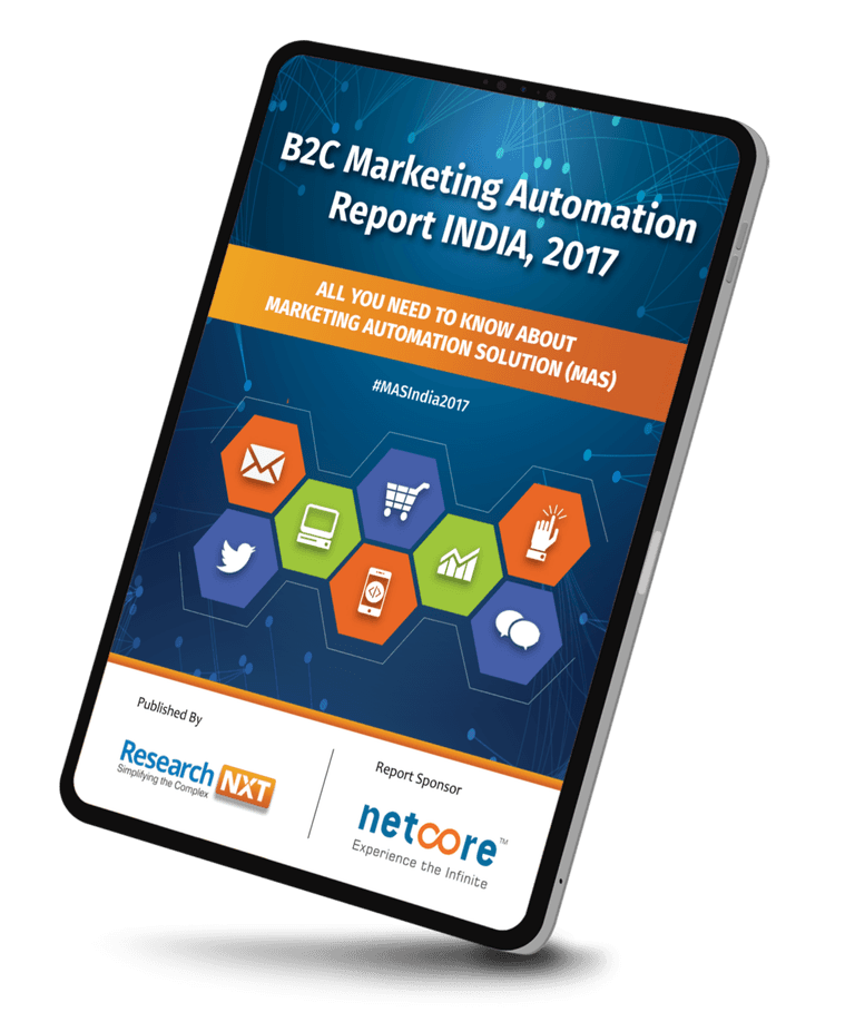 Cover of the B2C Marketing Automation Report: India, 2017, in print and on a tablet